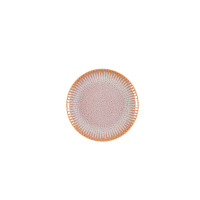 Talerz deserowy 21 cm Lubiana Stoneware S011T Blush Daisy z różowym, nakrapianym środkiem i dekoracyjnym, żłobionym brzegiem w odcieniu ciepłego beżu.
