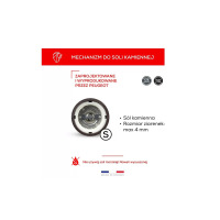 Mechanizm młynka do soli Peugeot z zestawu Bistro 10 cm. Widok od dołu na stalowe żarna. Tekst: Mechanizm do soli kamiennej, max 4 mm, nie używać soli morskiej.