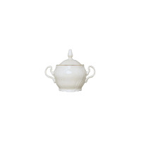 Kremowa cukiernica Bernadotte Ivory Gold marki Thun o pojemności 0,22 l. Eleganckie naczynie z porcelany z delikatnymi tłoczeniami i złotym wykończeniem.