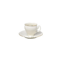 Filiżanka 170 ml ze spodkiem Bernadotte Ivory Gold marki Thun. Elegancka porcelana w kolorze kości słoniowej z subtelnym reliefem i złotym wykończeniem brzegów.