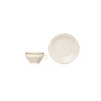 Filiżanka niska 360 ml ze spodkiem Bernadotte Ivory Gold marki Thun. Kremowa porcelana z delikatnym tłoczonym wzorem i eleganckim złotym wykończeniem brzegów.