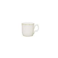 Elegancki kubek 250 ml Bernadotte Ivory Gold marki Thun w kolorze kości słoniowej, zdobiony delikatnym reliefem i subtelnym złotym obrzeżem, ujęty na białym