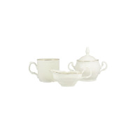 Sosjerka mini 0,05 l Bernadotte Ivory Gold marki Thun w zestawie z cukiernicą i filiżanką. Kremowa porcelana z delikatnym reliefem i eleganckim złotym