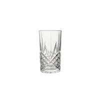 Szklanka wysoka Gatsby marki Verlo o pojemności 350 ml. Przezroczyste szkło z eleganckim, geometrycznym szlifem w dolnej części, widoczne na białym tle.