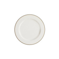Talerz płytki Verlo Forte Lino o średnicy 27 cm w kolorze kremowym z subtelnym zdobieniem w postaci cienkich, eleganckich pasków na obrzeżu, widok z góry.