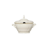 Waza 2,50 l Bernadotte Ivory Gold marki Thun w kolorze kości słoniowej. Eleganckie naczynie z porcelany ze złotym zdobieniem, reliefami i pokrywką z uchwytem.