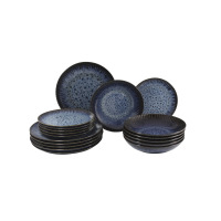 Zestaw talerzy dla 6 osób STONEWARE S006T Cosmos marki Lubiana. Komplet 18 części z kamionki o głębokim, niebieskim odcieniu z nakrapianym wzorem i żłobionym