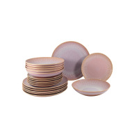 Zestaw talerzy dla 6 osób Lubiana STONEWARE S011T Blush w odcieniu różu. Komplet 18 części z kamionki o żłobkowanej strukturze, widoczne stosy talerzy i misek.