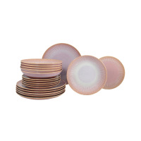 Zestaw talerzy dla 6 osób 18 części STONEWARE S011T Blush marki Lubiana. Komplet różowych naczyń kamionkowych z prążkowanym wzorem na brzegach, ułożonych w