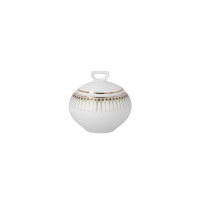 Cukiernica z garnituru do kawy H115 Yvonne marki Chodzież. Biała porcelana o zaokrąglonym kształcie, zdobiona złotym ornamentem i zielonymi akcentami przy
