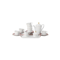 Zestaw do kawy Ćmielów H106 JENNY Mokka dla 6 osób. Biała porcelana z subtelnym złotym wzorem kratki, obejmująca dzbanek, cukiernicę, mlecznik, filiżanki i