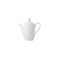 Elegancki dzbanek do kawy z zestawu Ćmielów Jenny Mokka. Biała porcelana zdobiona złotym wzorem kratki, zwieńczona dekoracyjnym, złotym uchwytem pokrywki.