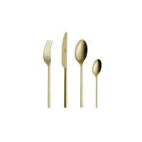 Zestaw sztućców 24 szt. 112 MODERN Gold marki Gerlach w kolorze matowego złota. Komplet obejmuje widelec, nóż z wygrawerowanym logo Gerlach, łyżkę i łyżeczkę.