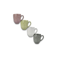 Zestaw czterech ceramicznych kubków Lubiana Hanami o pojemności 350 ml w kolorach lawendowym, zielonym, białym i szarym, ozdobionych wypukłym motywem kwiatowym.