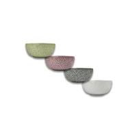 Zestaw czterech ceramicznych salaterek Lubiana Hanami o średnicy 16 cm w odcieniach zieleni, różu, szarości i bieli, ozdobionych wypukłym, roślinnym motywem