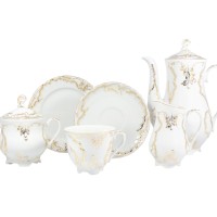 Biały garnitur do kawy Ćmielów 7830 ROCOCO Anna dla 6 osób. Zestaw 21 części z delikatną, złotą dekoracją roślinną na klasycznej, porcelanowej formie.