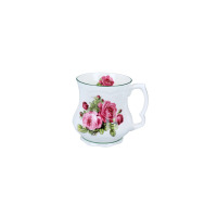 Biały porcelanowy kubek Babuni marki Carmani o pojemności 380 ml, ozdobiony motywem różowych róż. Widok z profilu na pękaty kształt z wyprofilowanym uchem.