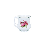 Biały porcelanowy kubek Babuni marki Carmani o pojemności 380 ml, ozdobiony motywem różowych kwiatów róży z zielonymi liśćmi oraz subtelnym zielonym obrzeżem.