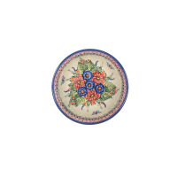 Ceramiczna salaterka Bolesławiec 149AR o średnicy 26,3 cm. Wnętrze naczynia zdobi ręcznie malowany motyw kwiatowy w odcieniach niebieskiego i czerwieni na