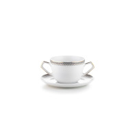Biała bulionówka 400 ml ze spodkiem Ćmielów 8051 Pułaski. Elegancka porcelana z dwoma uszkami, ozdobiona subtelnym geometrycznym wzorem greckim w odcieniu