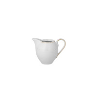 Biały porcelanowy mlecznik z serwisu do herbaty H137 Yvonne marki Chodzież. Naczynie zdobi subtelny ażurowy wzór przy krawędzi oraz delikatne złote wykończenia.