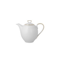 Biały dzbanek do kawy z zestawu H137 Yvonne marki Chodzież. Elegancka porcelana z subtelnym złotym zdobieniem na pokrywce, wylewie i uchwycie oraz delikatnym