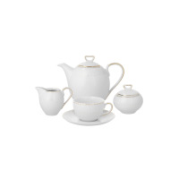 Elegancki zestaw kawowy dla 12 osób H137 Yvonne marki Chodzież. Biała porcelana ze złotym zdobieniem, obejmująca dzbanek, cukiernicę, mlecznik oraz filiżankę.