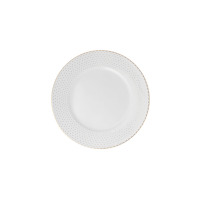 Talerz z serwisu obiadowego Chodzież Yvonne H137 dla 12 osób. Biała porcelana z delikatnym, ażurowym wzorem na obrzeżach i subtelnym złotym wykończeniem