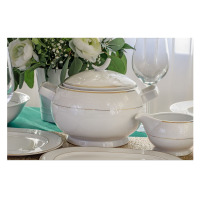 Elegancka waza z zestawu obiadowego Gracja WA-151 marki Waza. Biała porcelana z subtelnym tłoczonym wzorem i złotym wykończeniem na nakrytym stole z kwiatami.
