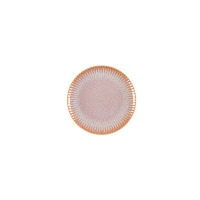 Talerz z zestawu naczyń Lubiana STONEWARE S011T Blush w kolorze pudrowego różu. Okrągłe naczynie z kamionki o nakrapianej teksturze i dekoracyjnym, żłobionym