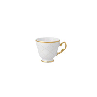 Biała porcelanowa filiżanka Ćmielów 170 ml z serii G911 ALASKA Circus Pink. Naczynie zdobi złoty rant, ozdobne ucho oraz delikatny wzór różowej kratki ze