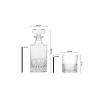 Komplet do whisky 1+2 CRYSTAL marki Glasmark. Szklana karafka o pojemności 750 ml i szklanka 290-330 ml z ozdobnym, diamentowym szlifem. Wymiary w mm na białym