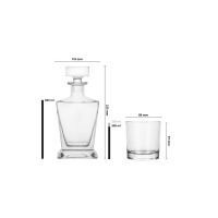 Komplet do whisky Imperial marki Glasmark: szklana karafka o pojemności 850 ml i szklanka 300 ml z naniesionymi wymiarami technicznymi na białym tle.