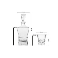 Komplet do whisky ROYAL marki Glasmark: szklana karafka 850 ml i szklanka 300 ml o geometrycznym, fasetowanym wzorze podstawy, z naniesionymi wymiarami