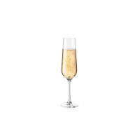Elegancki kieliszek do szampana Bohemia Bonita o pojemności 200 ml, wykonany z przejrzystego szkła, wypełniony musującym trunkiem, widok na wprost.