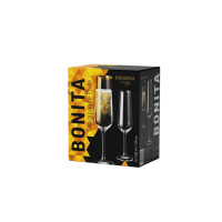 Opakowanie sześciu kieliszków do szampana Bohemia Bonita 200 ml. Czarny karton z geometrycznym żółtym wzorem, prezentujący eleganckie szklane kieliszki z