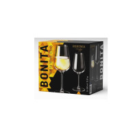 Opakowanie zbiorcze sześciu kieliszków do wina białego Bohemia Bonita 360 ml. Czarny karton z żółtym wzorem geometrycznym, prezentujący eleganckie szklane