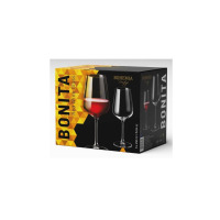 Opakowanie sześciu kieliszków do wina czerwonego Bohemia Bonita 450 ml. Czarne pudełko z żółtym wzorem geometrycznym, prezentujące eleganckie szklane kieliszki.