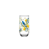 Szklanka wysoka Glasmark 400 ml z serii Cytrynowy sad. Przezroczyste szkło ozdobione kolorowym motywem niebieskiego ptaka, żółtych cytryn, białych kwiatów i
