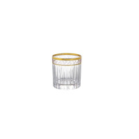 Szklanka kryształowa do whisky Bohemia Prestige Dorato 310 ml z pionowymi żłobieniami, ozdobiona eleganckim złotym obrzeżem z delikatnym roślinnym motywem.