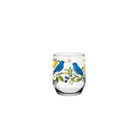 Szklanka niska Glasmark 300 ml z serii Cytrynowy sad. Przezroczyste szkło ozdobione kolorowym motywem dwóch niebieskich ptaków na gałązce z cytrynami i