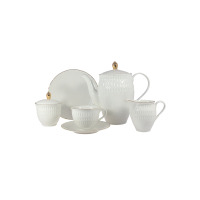 Zestaw do kawy Ćmielów Sofia Złota linia w kolorze ecru. Komplet 21 części z delikatną fakturą, złotym wykończeniem i eleganckim wzornictwem porcelany.