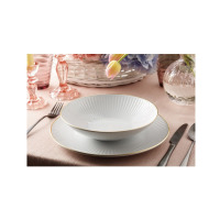Biały talerz głęboki i płaski z serii Dalia Złota Linia marki Chodzież. Elegancka porcelana z delikatnym żłobieniem i subtelnym złotym wykończeniem na