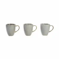 Trzy szare kubki ceramiczne Verlo SAMTO WIKLE o pojemności 380 ml ustawione w rzędzie na białym tle. Naczynia mają minimalistyczny design i subtelne