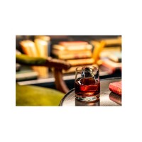 Szklanka 285 ml Stark marki Onis z bursztynowym trunkiem i dużą kostką lodu, ustawiona na ciemnym blacie w klimatycznym wnętrzu z książkami w tle.