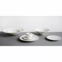 Zestaw porcelany Verlo Sense w kolorze białym z delikatną, żłobioną teksturą. Widoczna filiżanka 200 ml na spodku, talerze oraz miska na szarym tle.