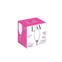 Zestaw 6 kieliszków do szampana LAV Misket 190 ml w różowym opakowaniu kartonowym. Na froncie widoczne logo marki, nazwa modelu oraz hasła promocyjne.
