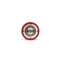 Widok z góry na mechanizm mielący młynka do soli Peugeot Paris Red Passion. Czerwona obudowa otacza stalowy, precyzyjny mechanizm z logo lwa na poprzeczce.
