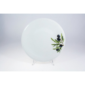 Biały talerz do pizzy Lubiana Barilla o średnicy 30,5 cm. Okrągłe naczynie z gładkiej porcelany ozdobione po prawej stronie subtelnym motywem gałązek z