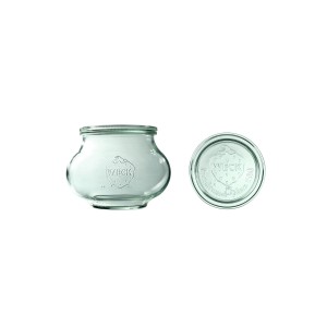 Szklany słoik Weck Schmuck o pojemności 1062 ml z charakterystycznym logo truskawki oraz dopasowana szklana pokrywka z napisem Rundrand-Glas 100 widoczne z